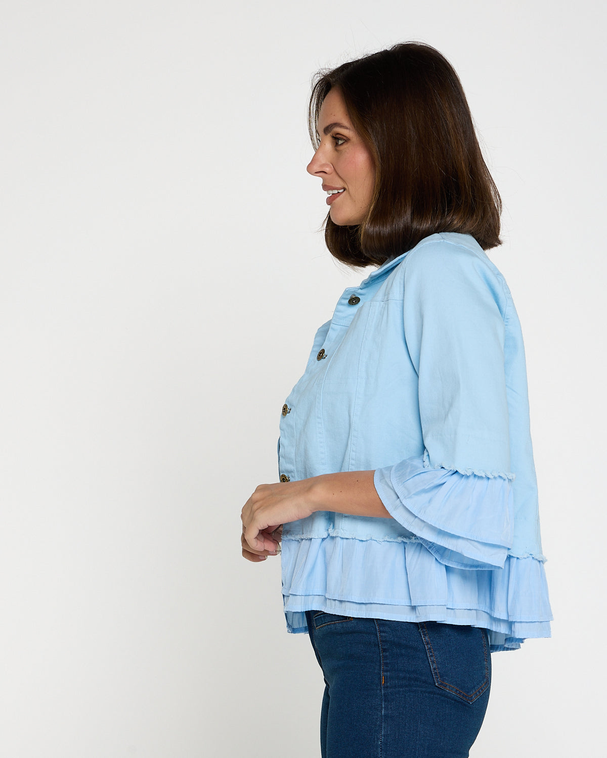 Leelah Cropped Ruffle Denim Jacket - Sky Blue