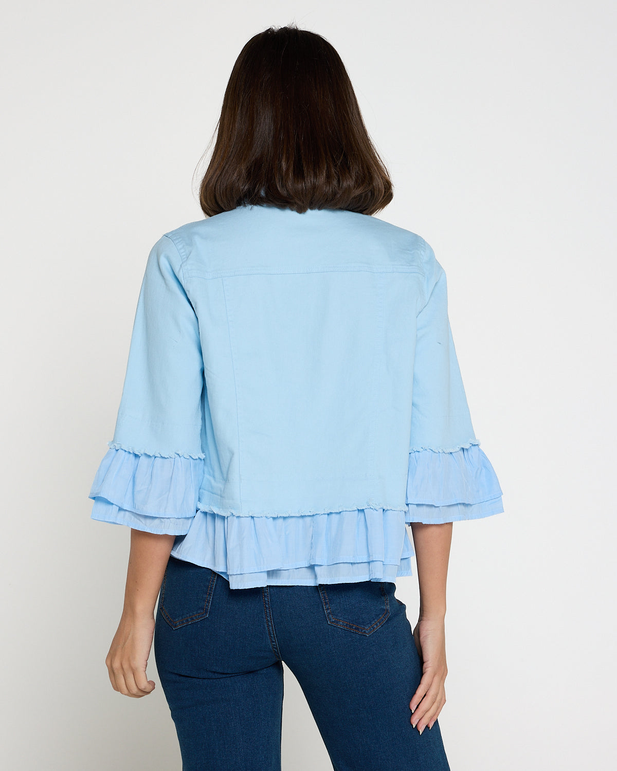 Leelah Cropped Ruffle Denim Jacket - Sky Blue