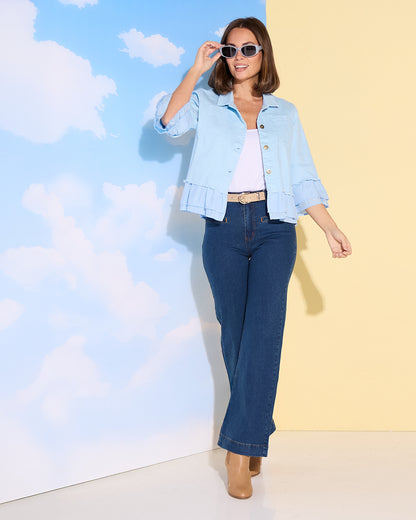 Leelah Cropped Ruffle Denim Jacket - Sky Blue