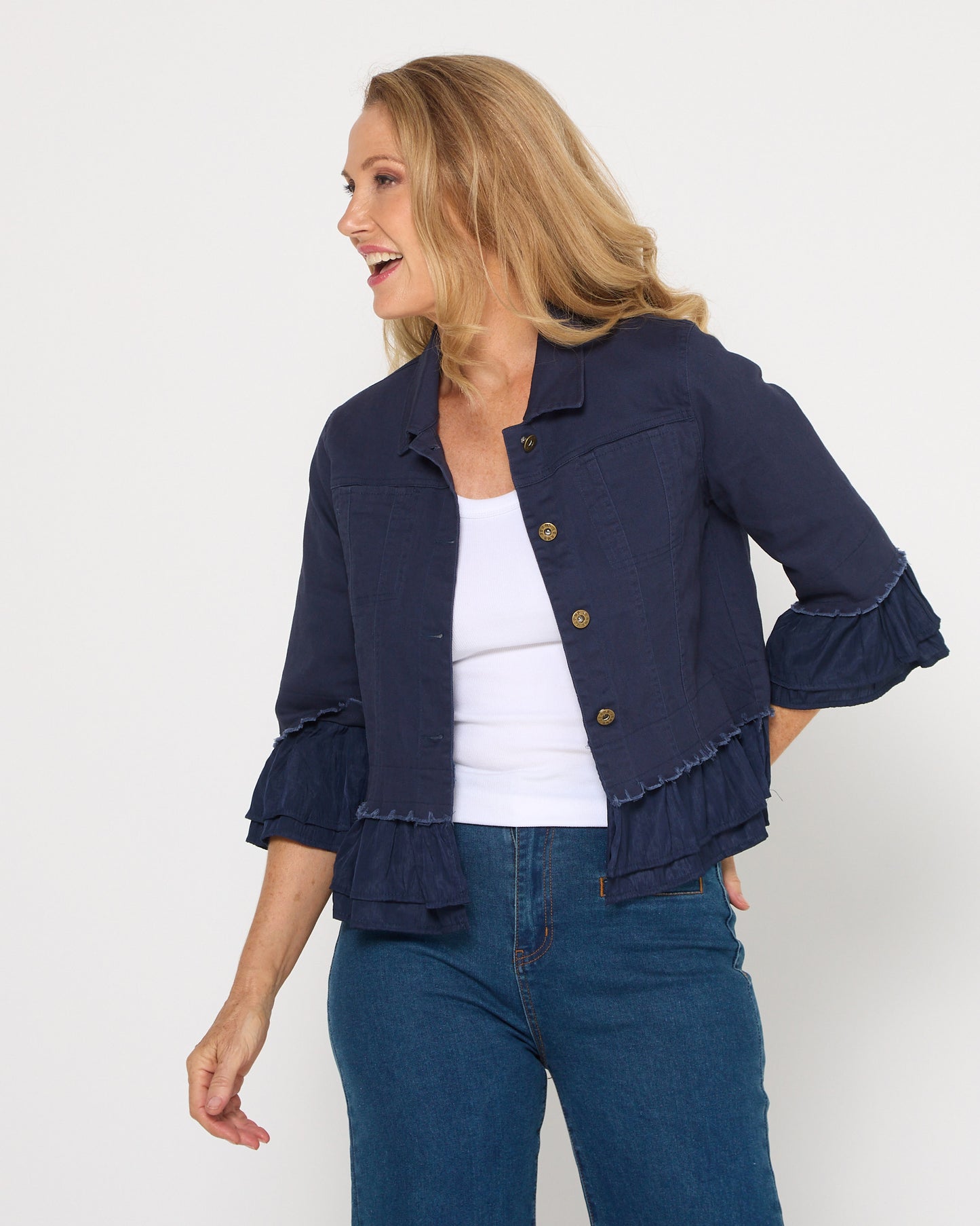 Leelah Cropped Ruffle Denim Jacket - Navy