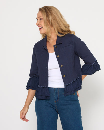 Leelah Cropped Ruffle Denim Jacket - Navy