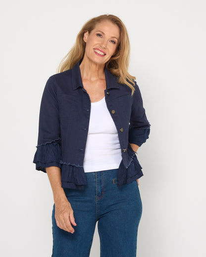 Leelah Cropped Ruffle Denim Jacket - Navy