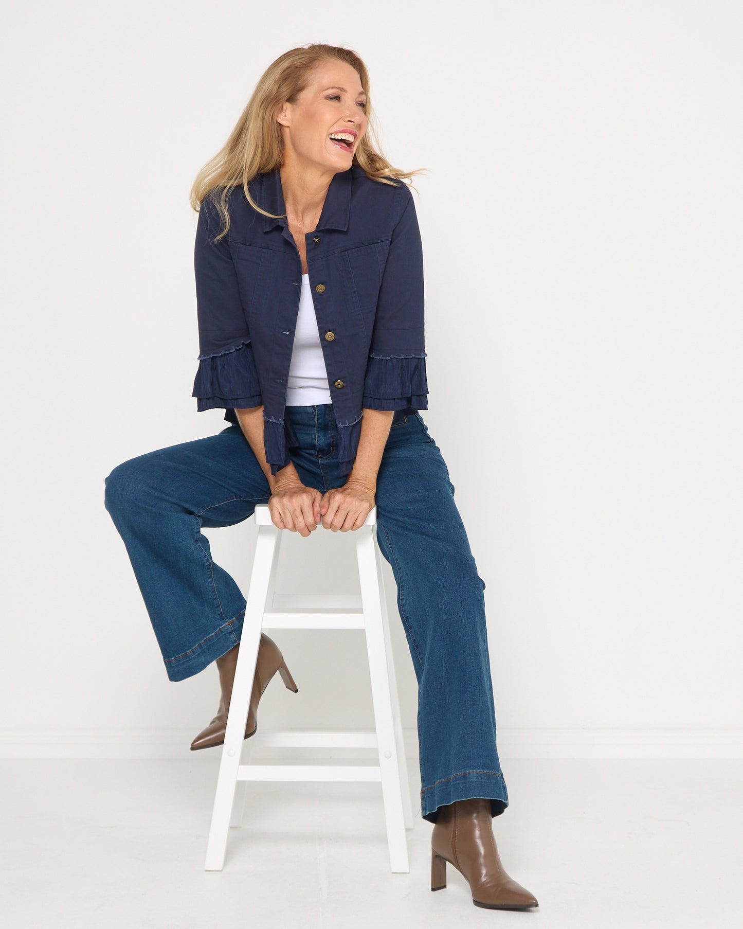 Leelah Cropped Ruffle Denim Jacket - Navy