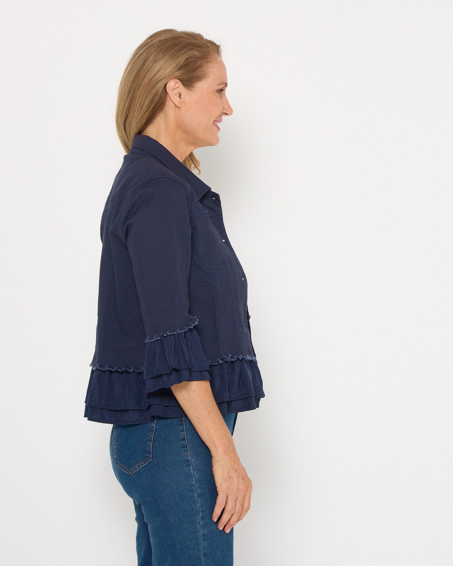 Leelah Cropped Ruffle Denim Jacket - Navy
