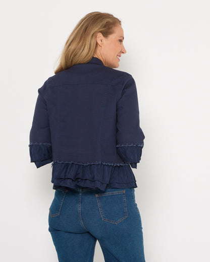 Leelah Cropped Ruffle Denim Jacket - Navy