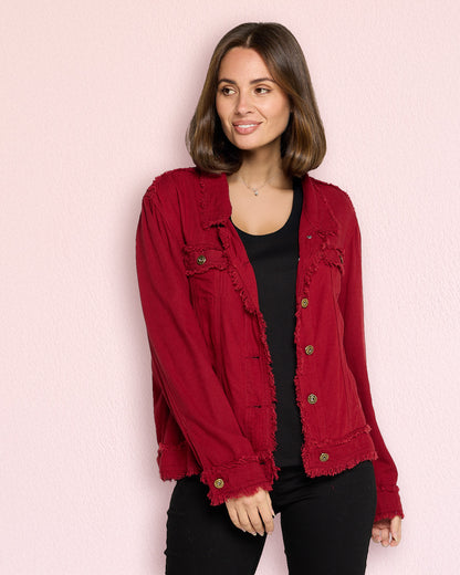 Kendall Lightweight Linen Fringe Jacket - Burgundy