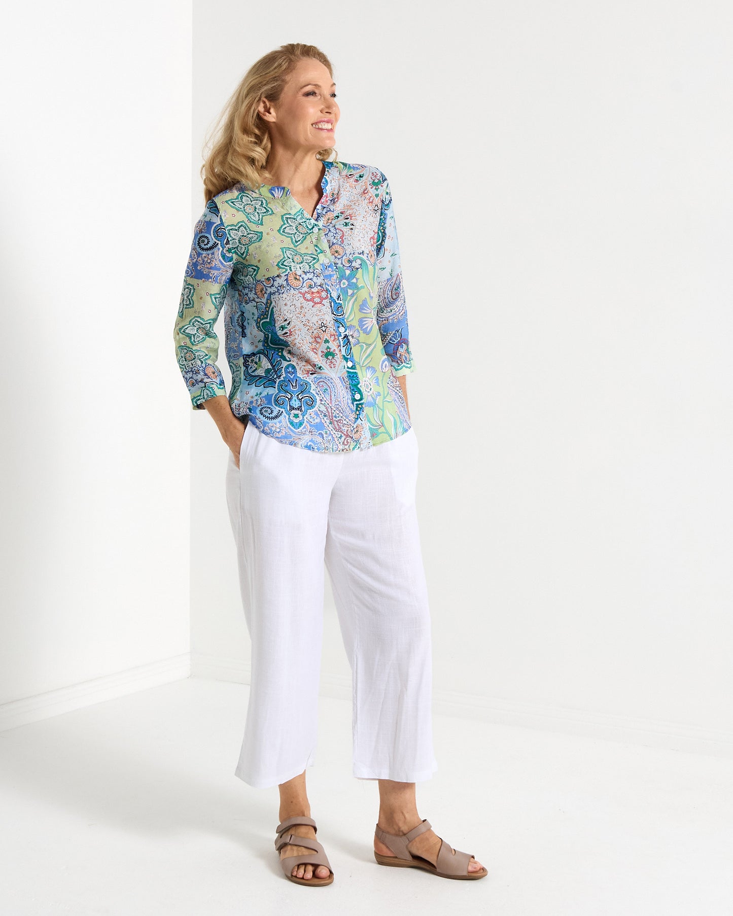 Boho Patchwork Print Blouse – Relaxed V-Neck Top
