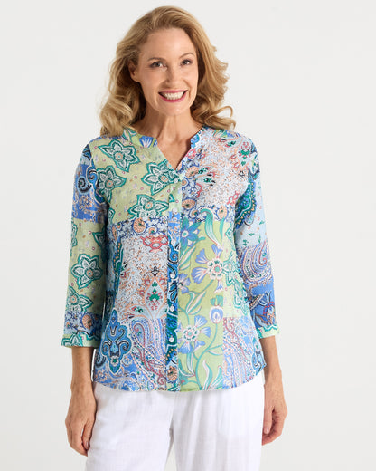Boho Patchwork Print Blouse – Relaxed V-Neck Top