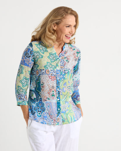 Boho Patchwork Print Blouse – Relaxed V-Neck Top