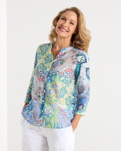 Boho Patchwork Print Blouse – Relaxed V-Neck Top