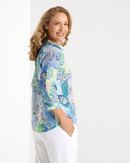 Boho Patchwork Print Blouse – Relaxed V-Neck Top