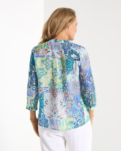Boho Patchwork Print Blouse – Relaxed V-Neck Top