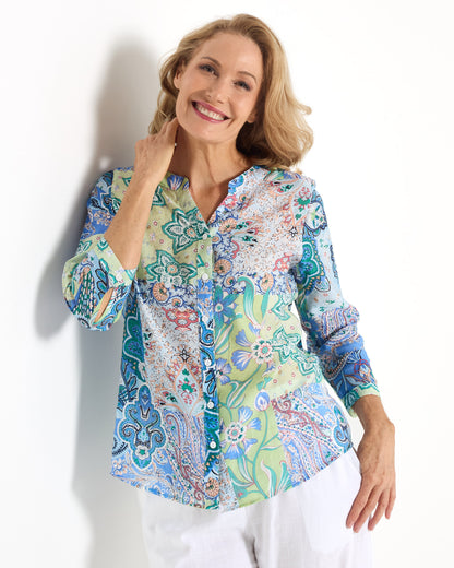 Boho Patchwork Print Blouse – Relaxed V-Neck Top