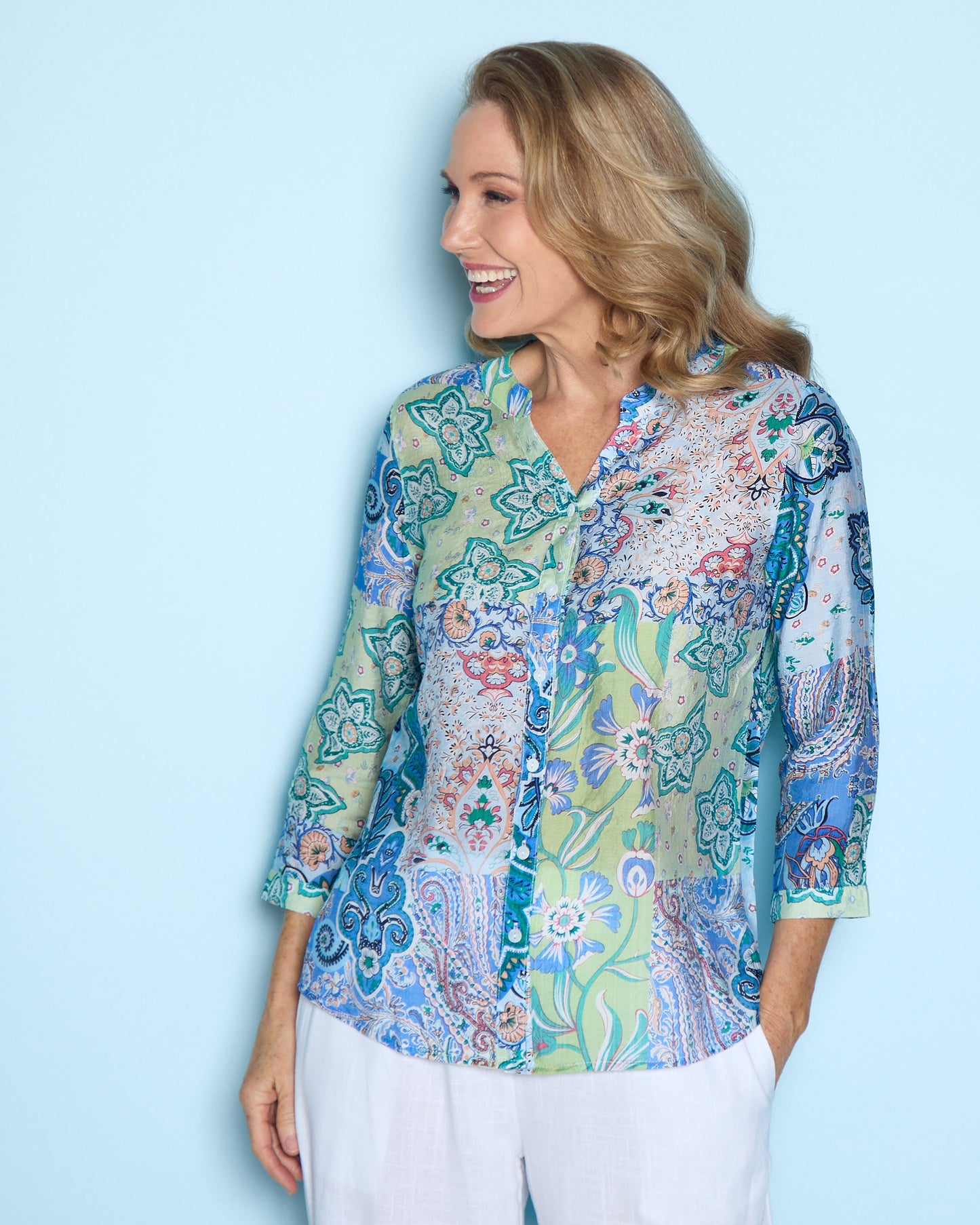 Boho Patchwork Print Blouse – Relaxed V-Neck Top