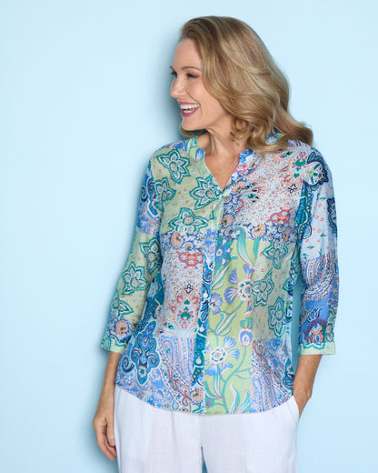 Boho Patchwork Print Blouse – Relaxed V-Neck Top