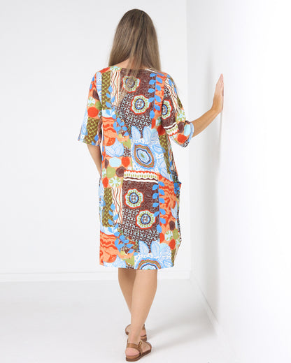 Eva Cotton Dress in ripple abstract print, back view