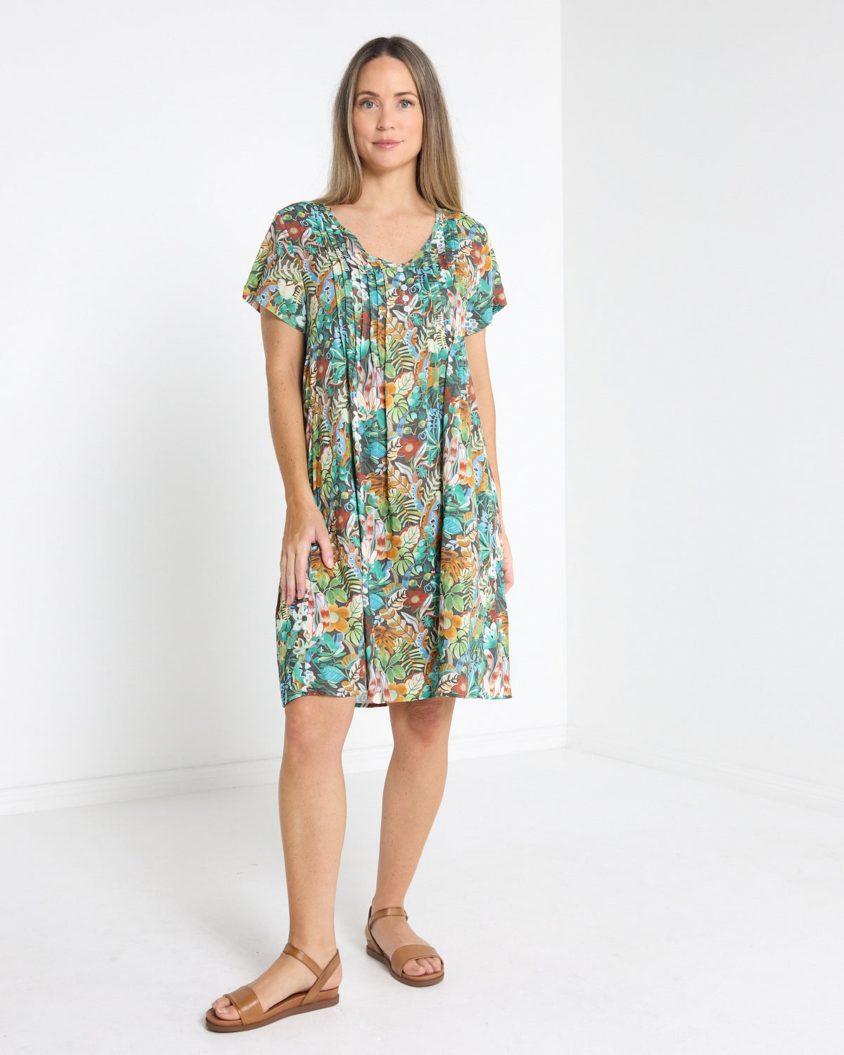 Hayes Cotton Dress in midnight jungle print, full-length front view with tan sandals
