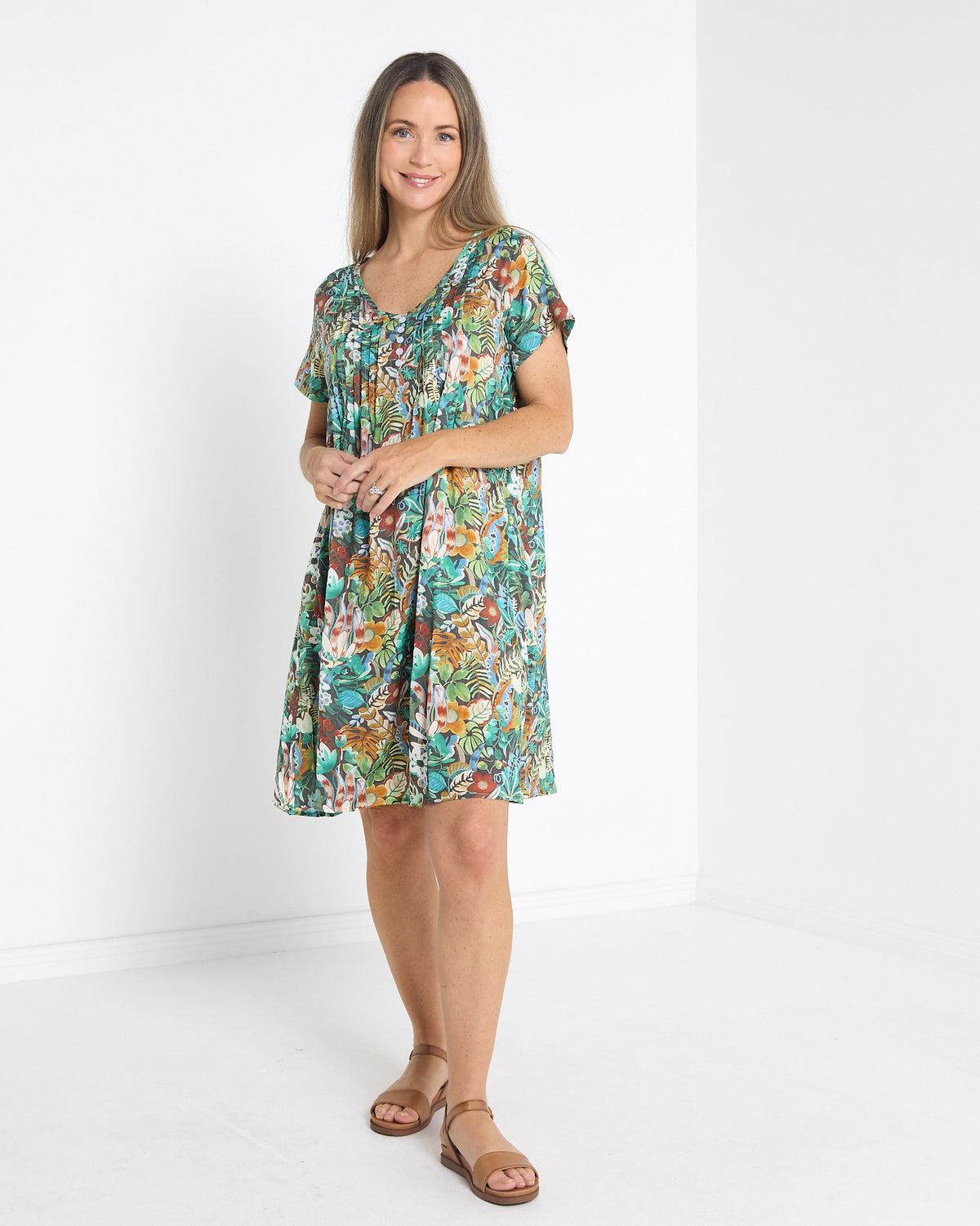 Hayes Cotton Dress in midnight jungle print, front view showing the pintuck bodice detail