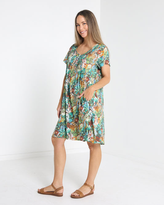 Hayes Cotton Dress in midnight jungle print, three-quarter view with short sleeves and pintuck front