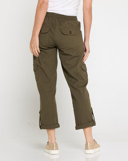 Issy Linen Blend Cargo Pants- Khaki