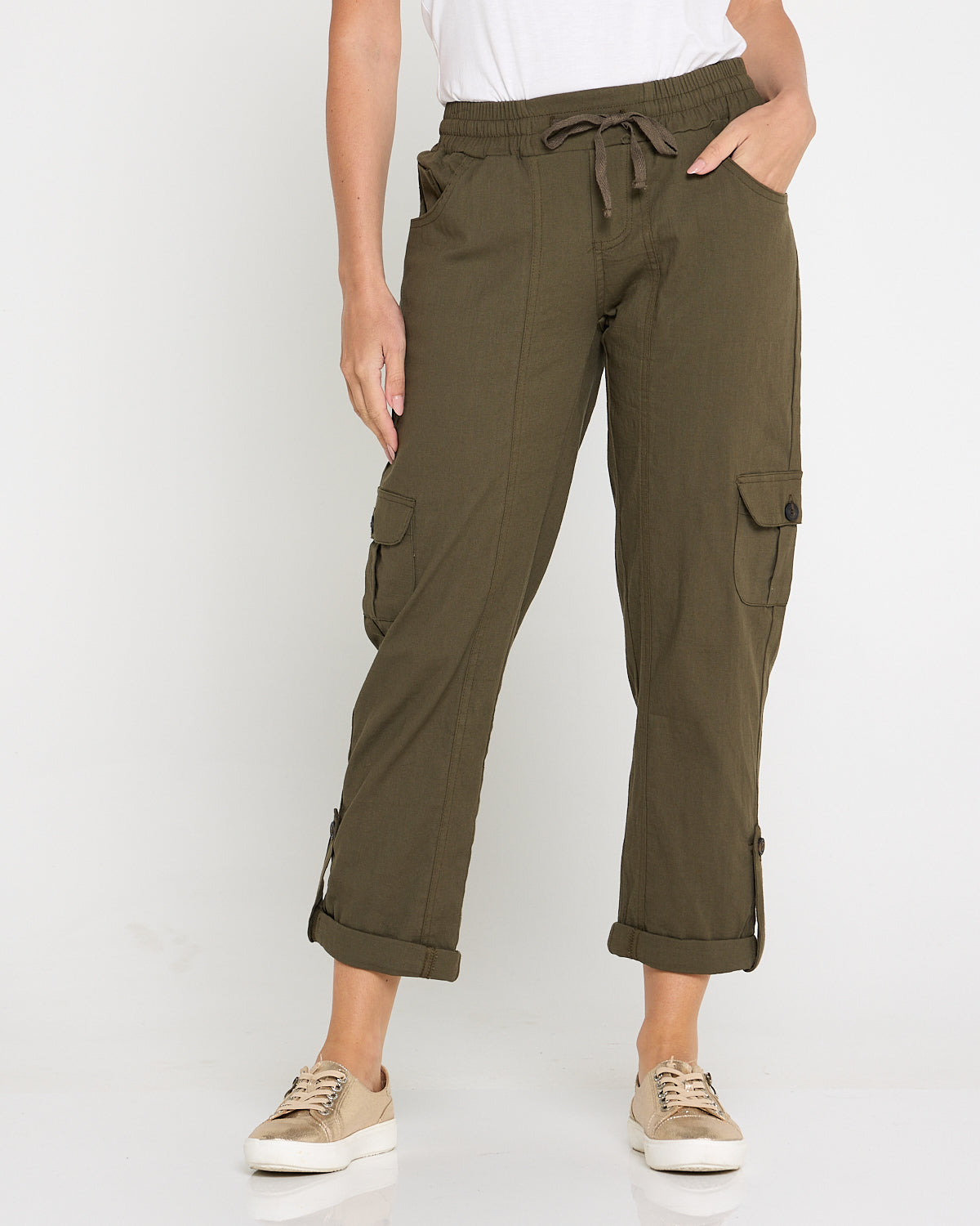 Issy Linen Blend Cargo Pants- Khaki