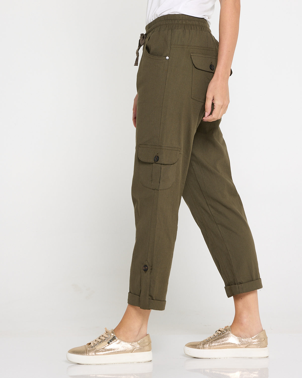 Issy Linen Blend Cargo Pants- Khaki