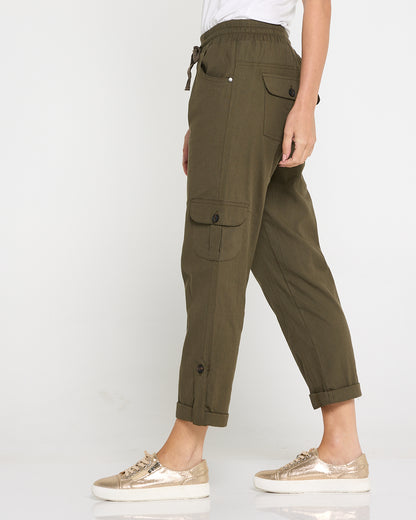 Issy Linen Blend Cargo Pants- Khaki