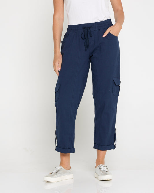 Issy Linen Blend Cargo Pants - Navy