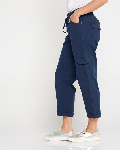 Issy Linen Blend Cargo Pants - Navy