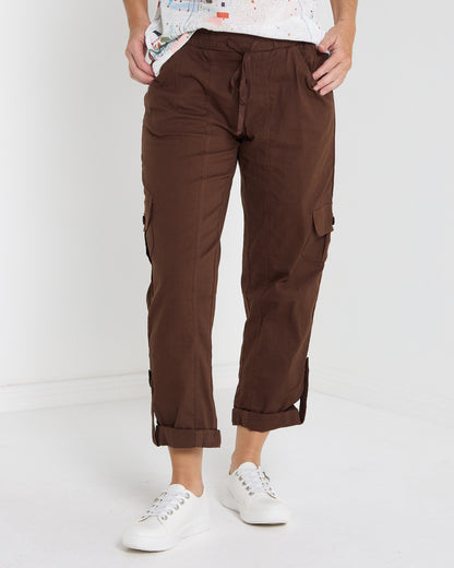Issy Linen Blend Cargo Pants - Chocolate