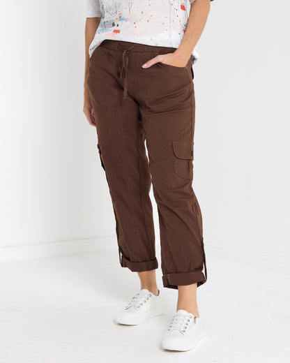 Issy Linen Blend Cargo Pants - Chocolate