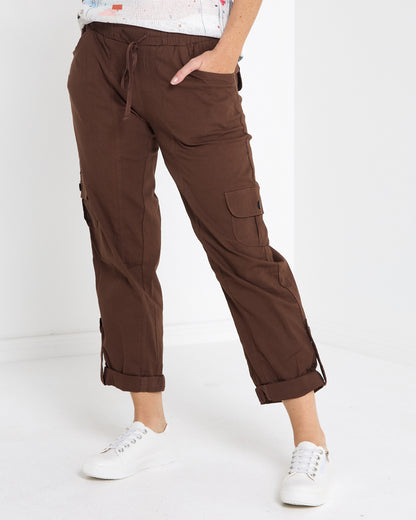Issy Linen Blend Cargo Pants - Chocolate