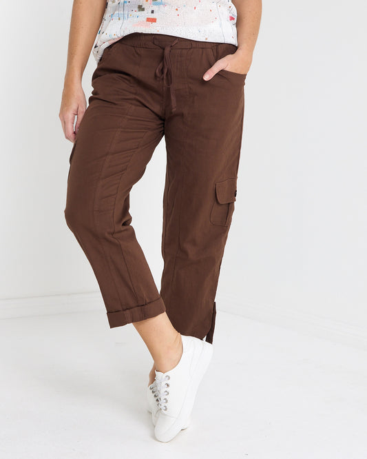 Issy Linen Blend Cargo Pants - Chocolate