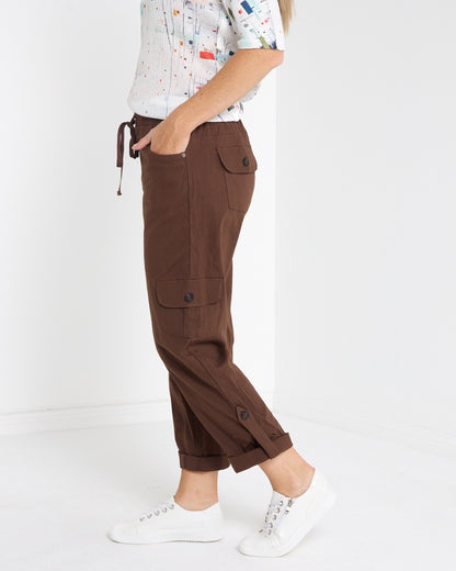 Issy Linen Blend Cargo Pants - Chocolate