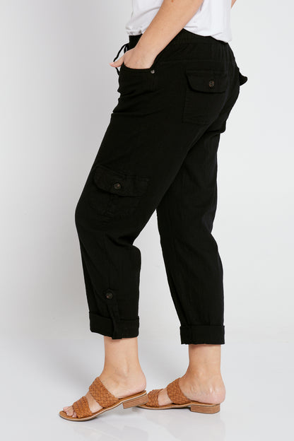 Issy Linen Blend Cargo Pants - Black