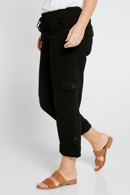 Issy Linen Blend Cargo Pants - Black