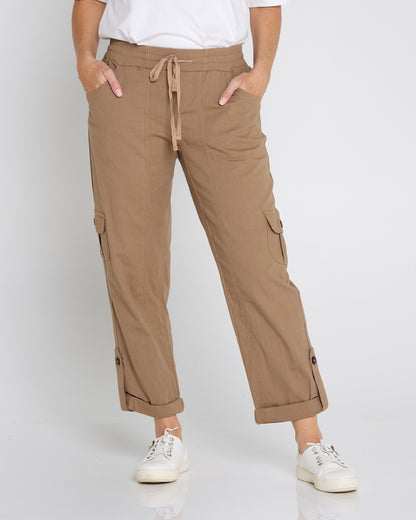 Issy Linen Blend Cargo Pants - Taupe Brown