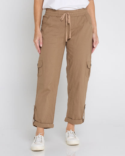 Issy Linen Blend Cargo Pants - Taupe Brown