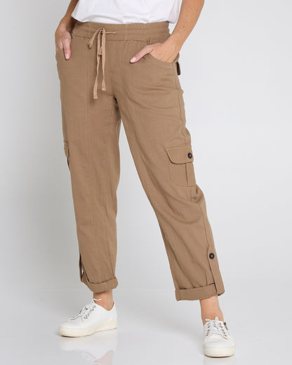 Issy Linen Blend Cargo Pants - Taupe Brown
