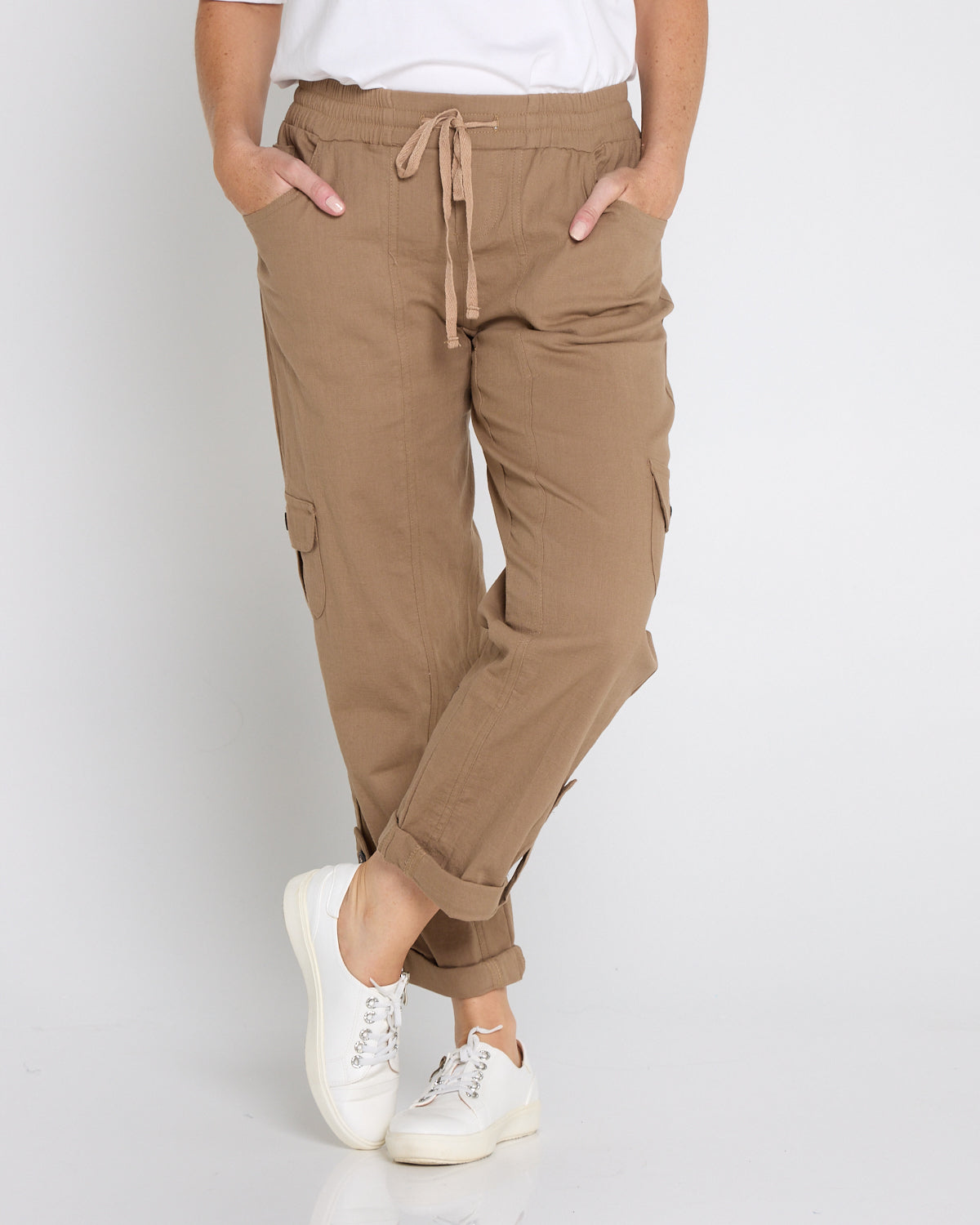 Issy Linen Blend Cargo Pants - Taupe Brown