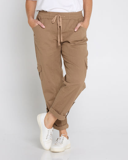 Issy Linen Blend Cargo Pants - Taupe Brown