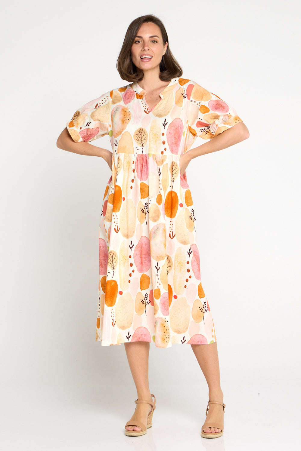 Billy Babydoll Cotton Dress - Apricot/Rose Watercolour