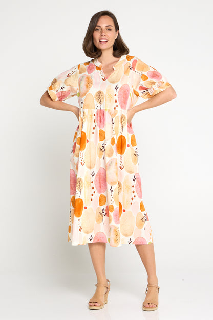 Billy Babydoll Cotton Dress - Apricot/Rose Watercolour
