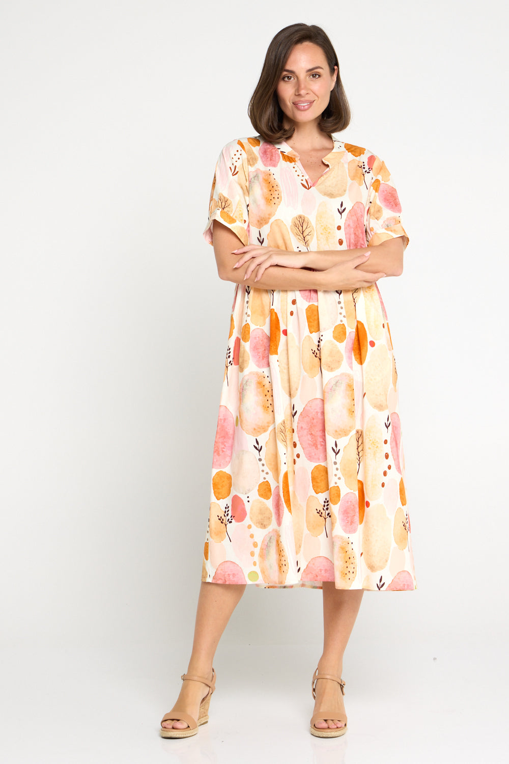 Billy Babydoll Cotton Dress - Apricot/Rose Watercolour