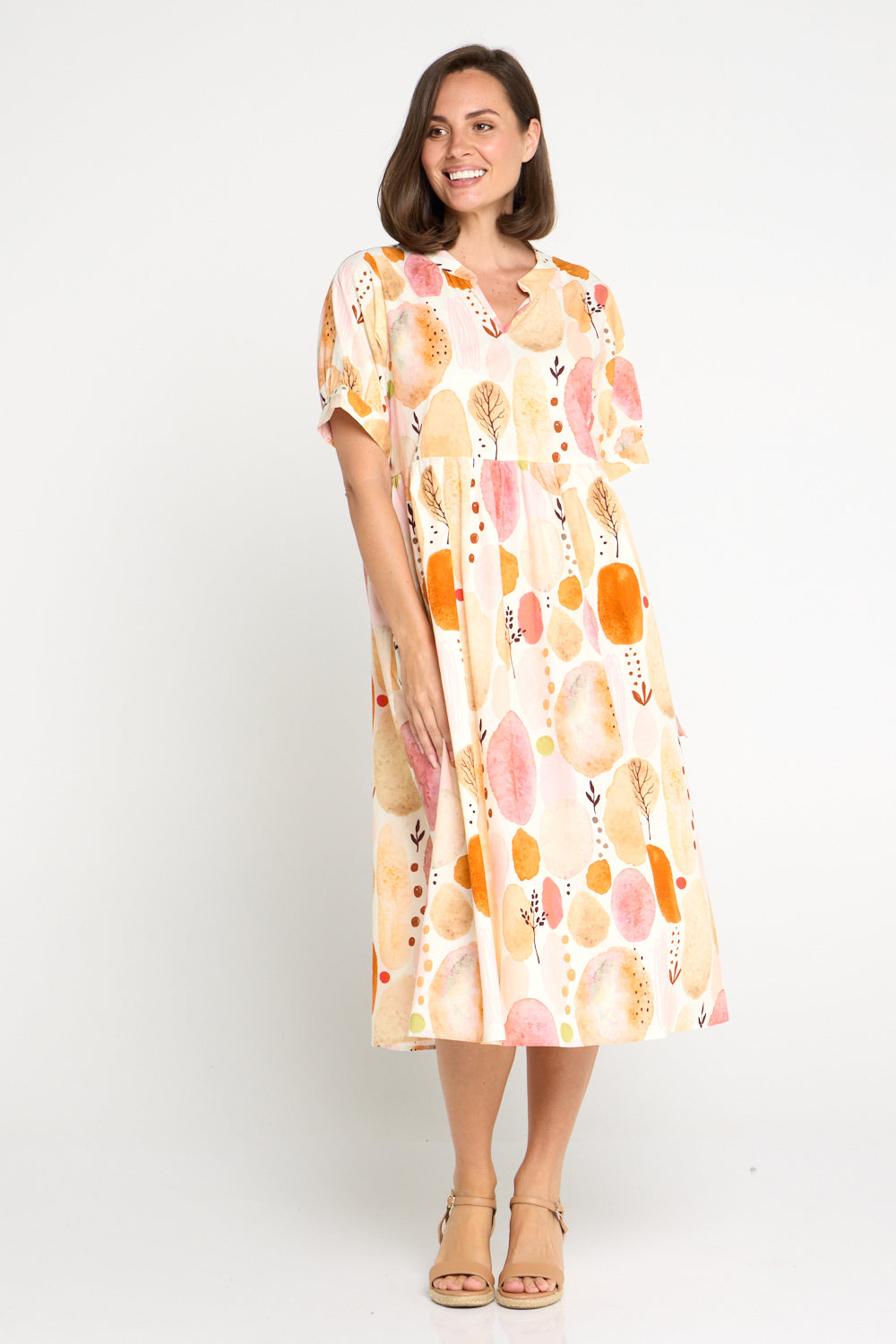 Billy Babydoll Cotton Dress - Apricot/Rose Watercolour