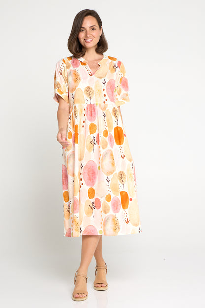 Billy Babydoll Cotton Dress - Apricot/Rose Watercolour