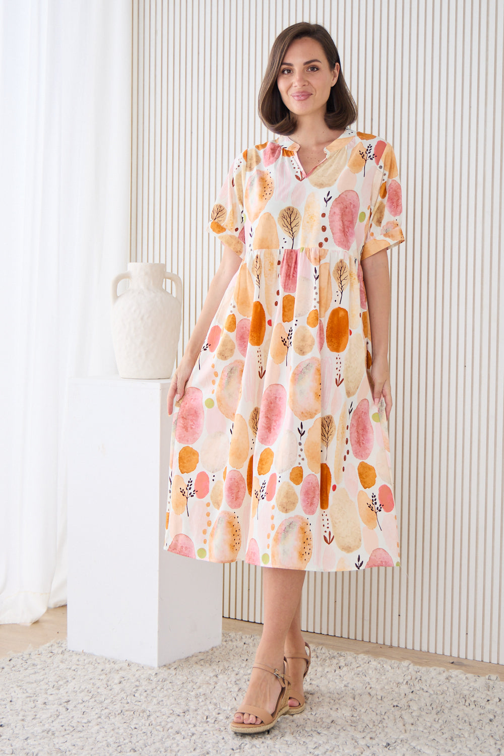 Billy Babydoll Cotton Dress - Apricot/Rose Watercolour
