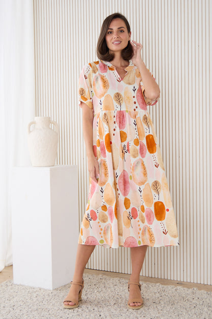 Billy Babydoll Cotton Dress - Apricot/Rose Watercolour
