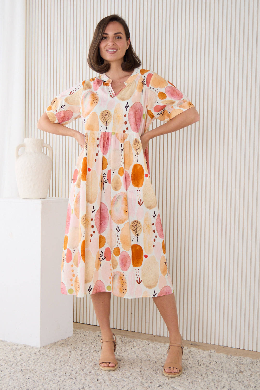 Billy Babydoll Cotton Dress - Apricot/Rose Watercolour