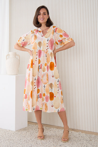 Billy Babydoll Cotton Dress - Apricot/Rose Watercolour
